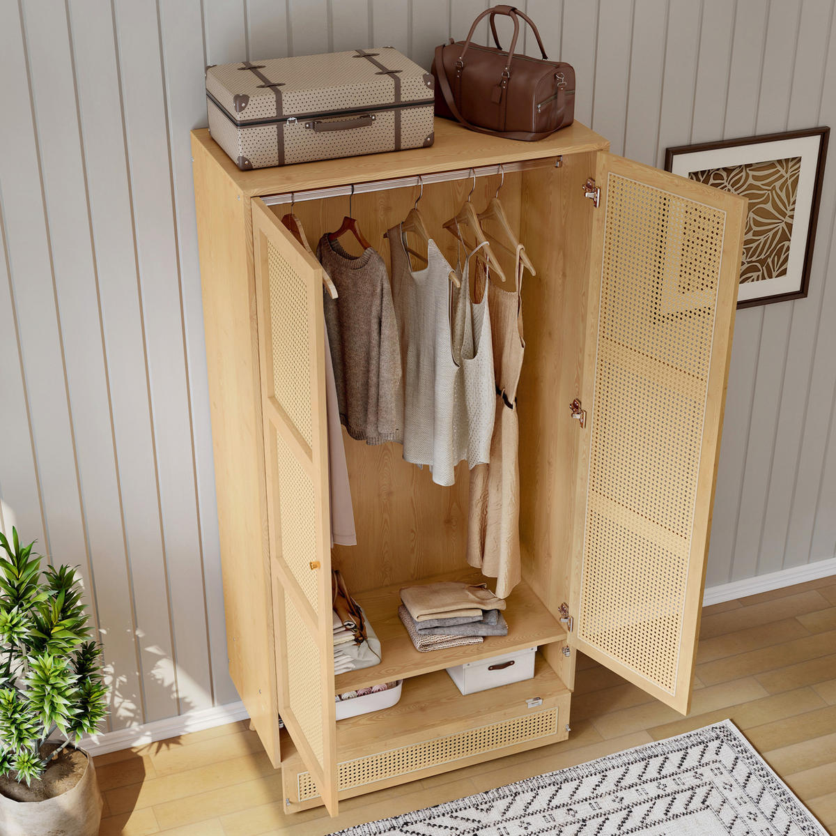 KLEIDERSCHRANK mit Kleiderstange & Rattan-Optik, 90/45/183 cm, Natur - Naturfarben, Holz (90/183/45cm) - Redom