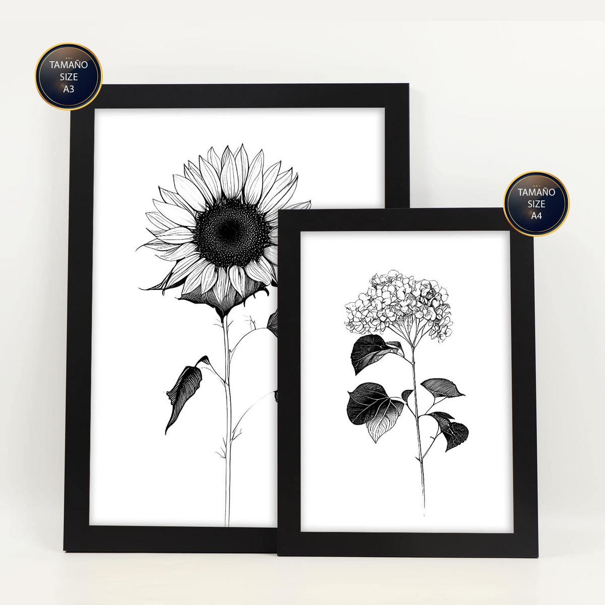 POSTER Set Mit 6 Strahlende Blume Größe A3 & A4 Schwarzer Rahmen - Schwarz, Papier (29.7/1cm) - Nacnic