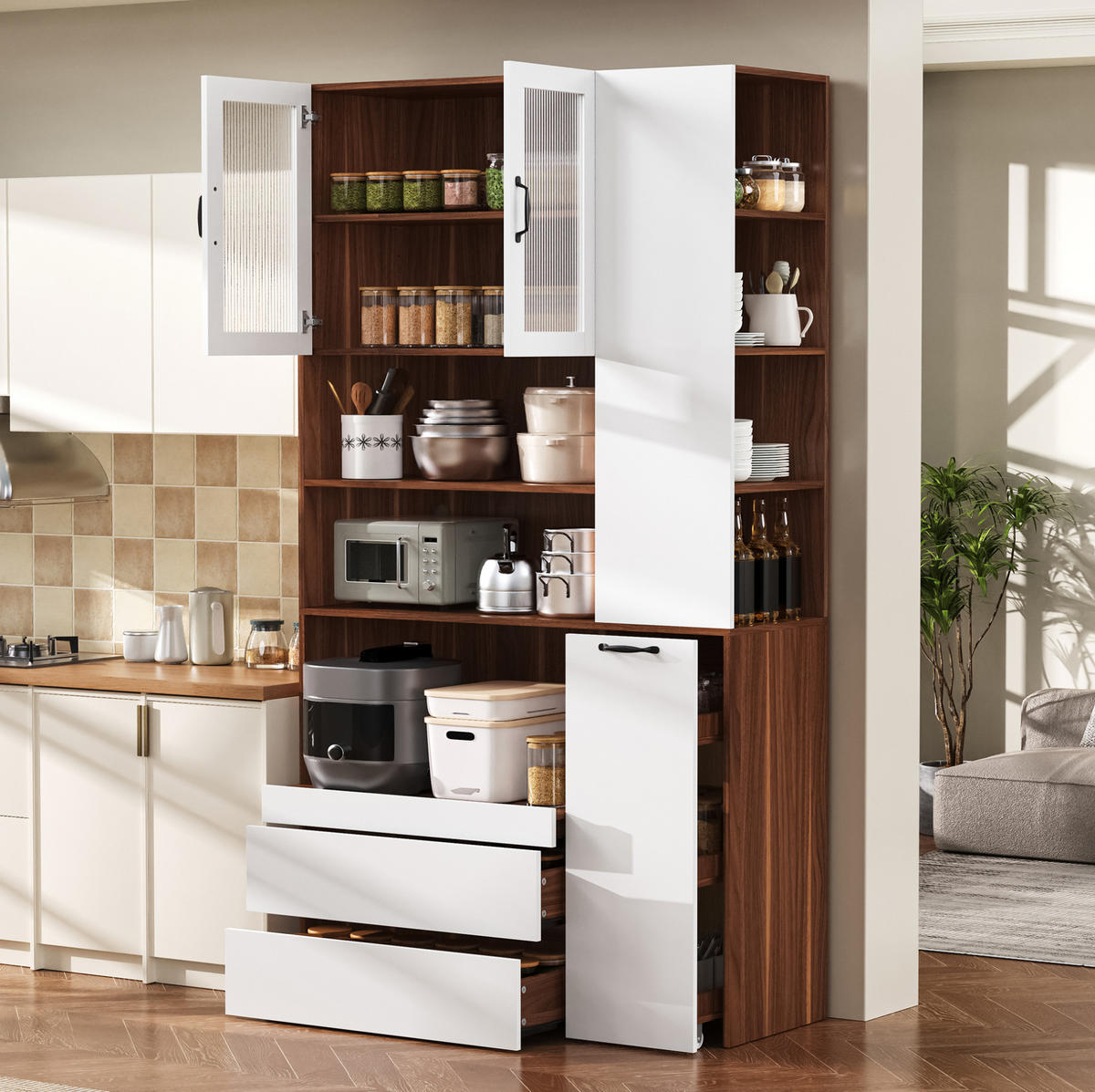 HIGHBOARD 100/40/200 cm mit Auszugsablage, Riffelglas und 2 Schubladen aus MDF, Weiß/Nussbaum - Weiß/Braun, Holzwerkstoff (100/200/40cm) - Redom