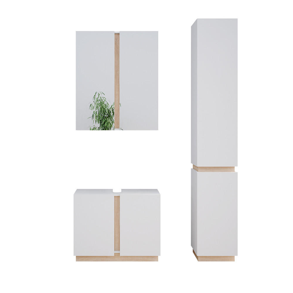 BADMÖBEL-SET Gloria Weiß 3 Teile, mit Hochschrank - Weiß/Sonoma Eiche, Holzwerkstoff (70/55/34cm) - Vicco