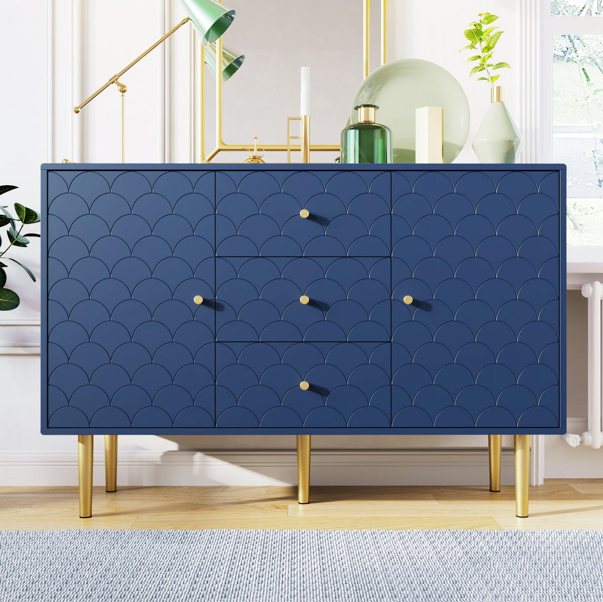 KOMMODE 120/40/83 cm in Marineblau mit 2 Türen, 3 Schubladen und Metallbeinen - Dunkelblau, Metall (120/83/40cm) - Flora Grace