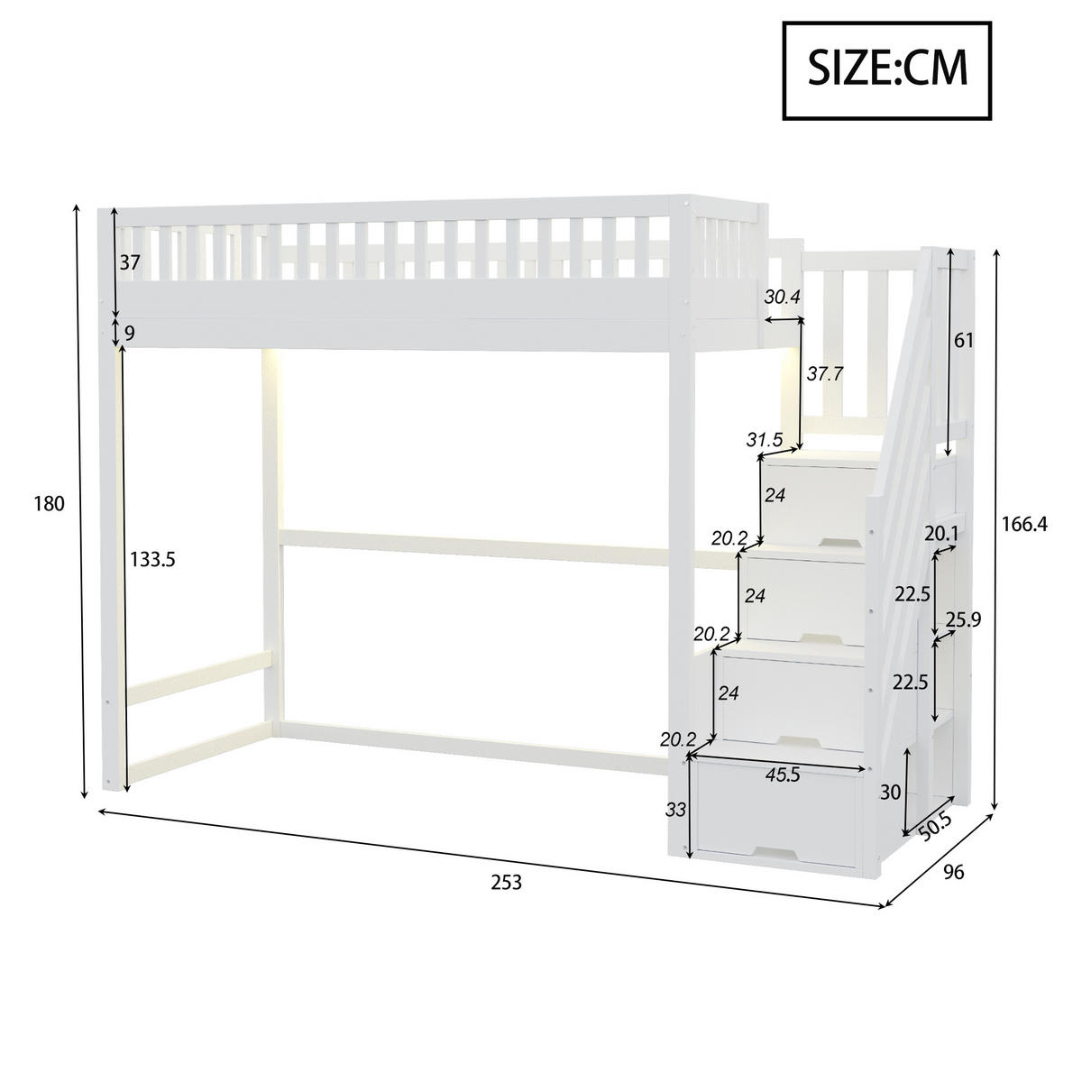 HOCHBETT 90/200 cm in Weiß mit Stauraumtreppe und LED Holz Kinderbett - Weiß, Holzwerkstoff (90/200cm) - STILVORA