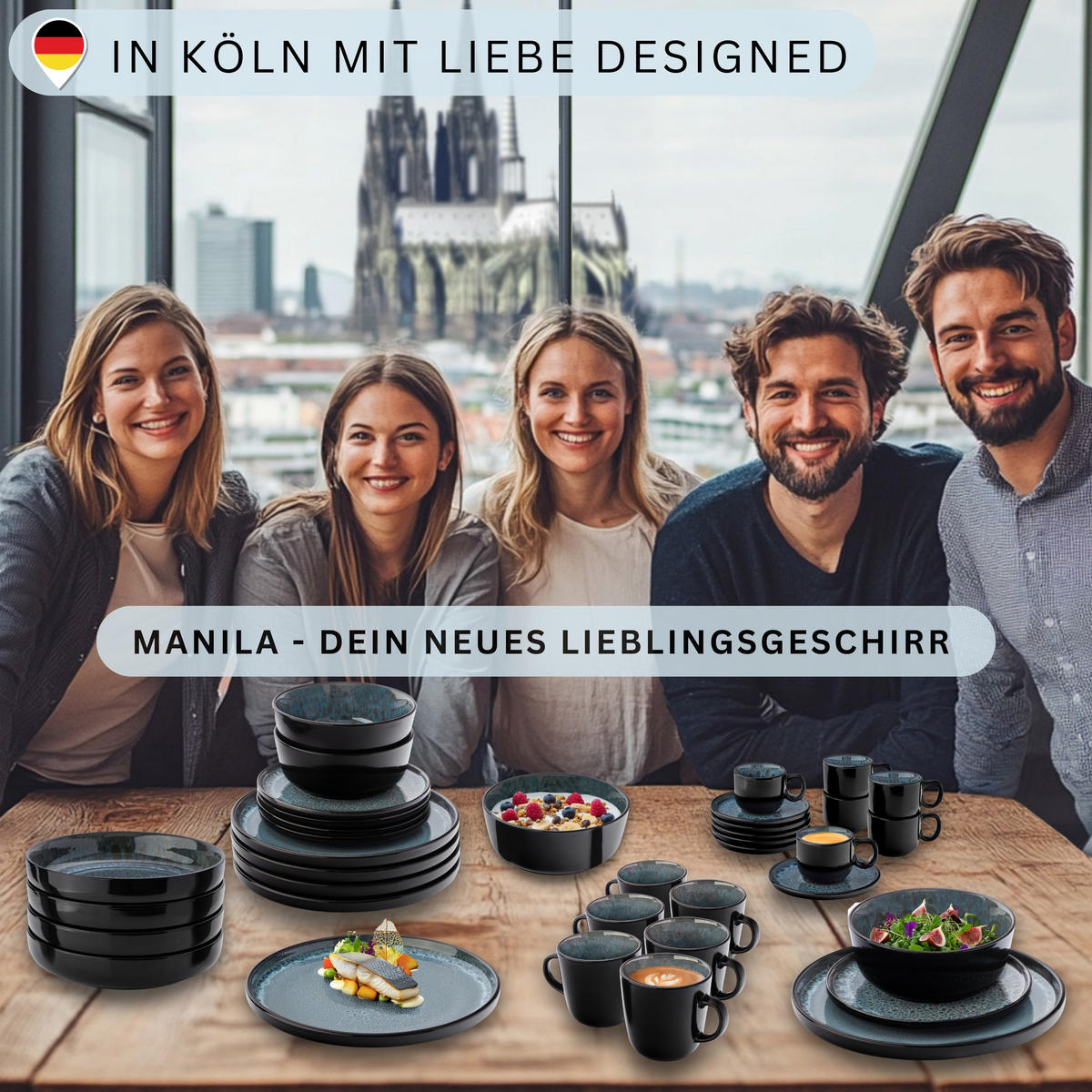 KOMBISERVICE MANILA - 30 teilig aus Steingut - Blau, Stein (26.5/10/26.5cm) - Sänger