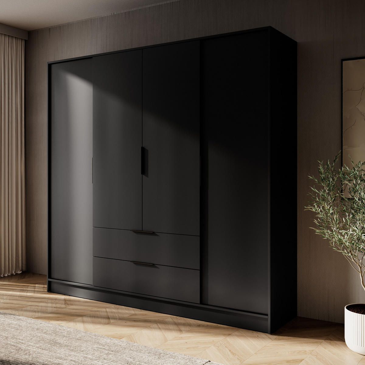 GROSSER Kleiderschrank RICADI 4D (Schwarz, 4 Türen, 2 Schubladen, Kleiderstange, Kunststoffgriffe) - Schwarz, Holz/Holzwerkstoff (206/200/51cm) - Ravio