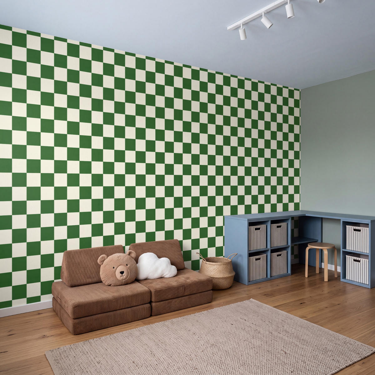 KINDERTAPETE - Schachbrett - Muster - Grün - 400x220 cm - Grün, Papier (400/220cm) - OnlyWow