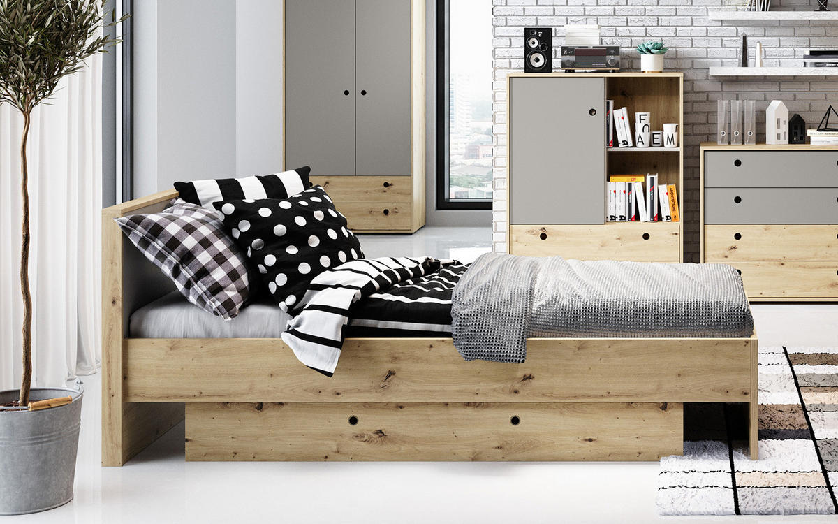 BETT Kuki Bernstein Eiche / Platingrau 99 / 204 / 86 cm - Braun, Holz/Holzwerkstoff (90/200cm) - Feldmann-Wohnen