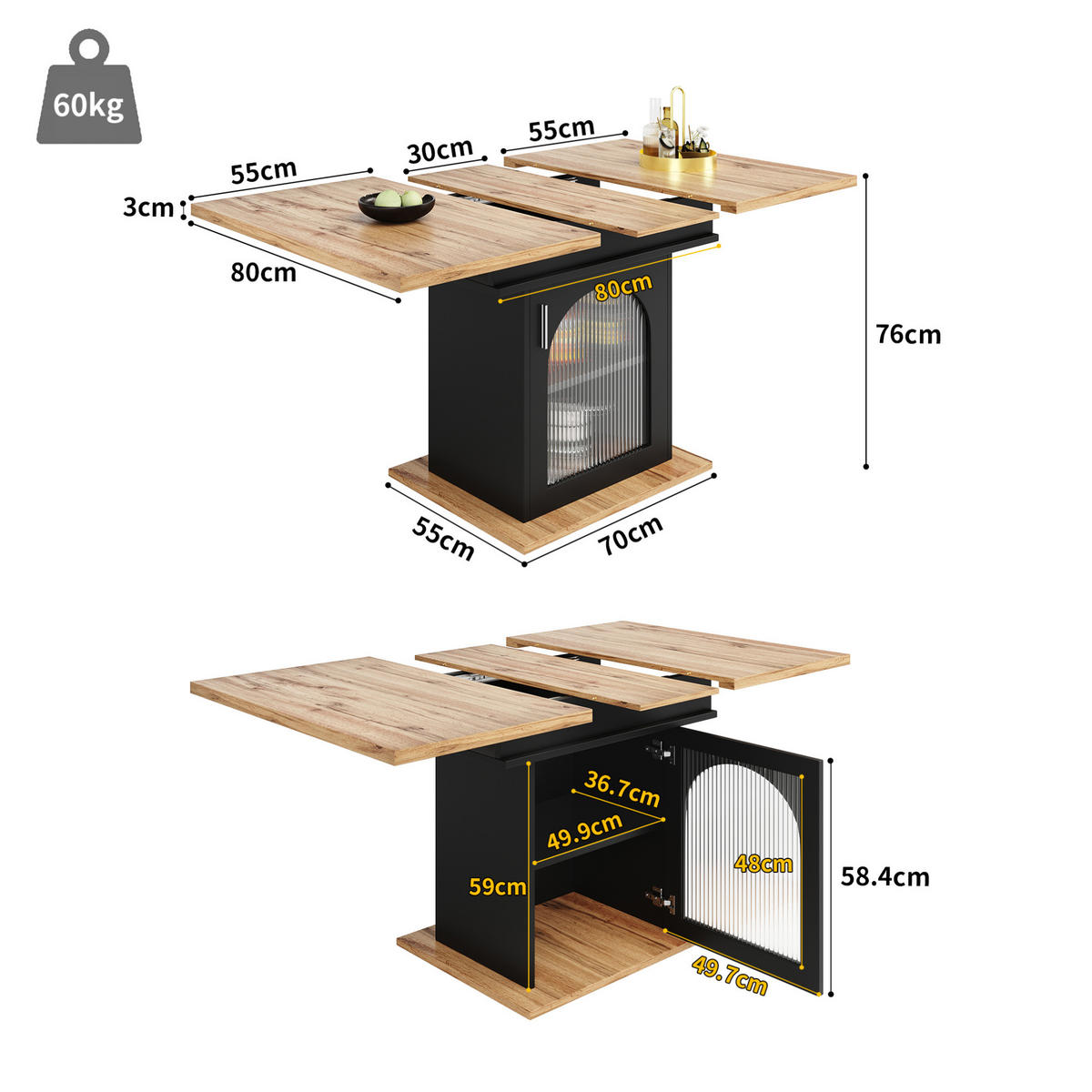 ESSTISCH aus MDF mit Regenbogenglas & Ablage, ausziehbar 110-140/80/76 cm, Schwarz - Schwarz, Holzwerkstoff (140/80/76cm) - Redom