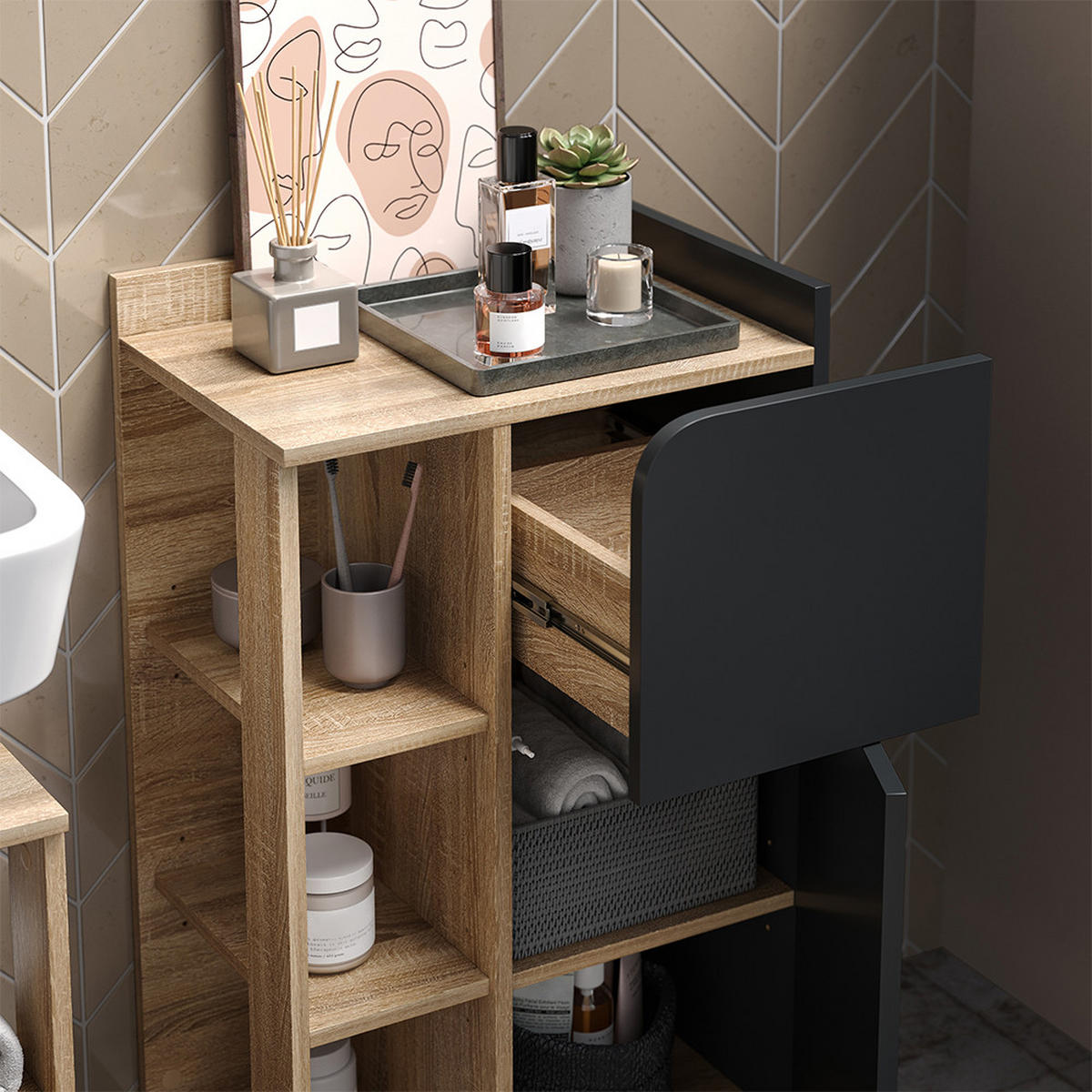 UNTERSCHRANK Karen Anthrazit 50 x 90 cm mit Tür und Schublade - Anthrazit/Sonoma Eiche, Holzwerkstoff (50/90/35cm) - Vicco