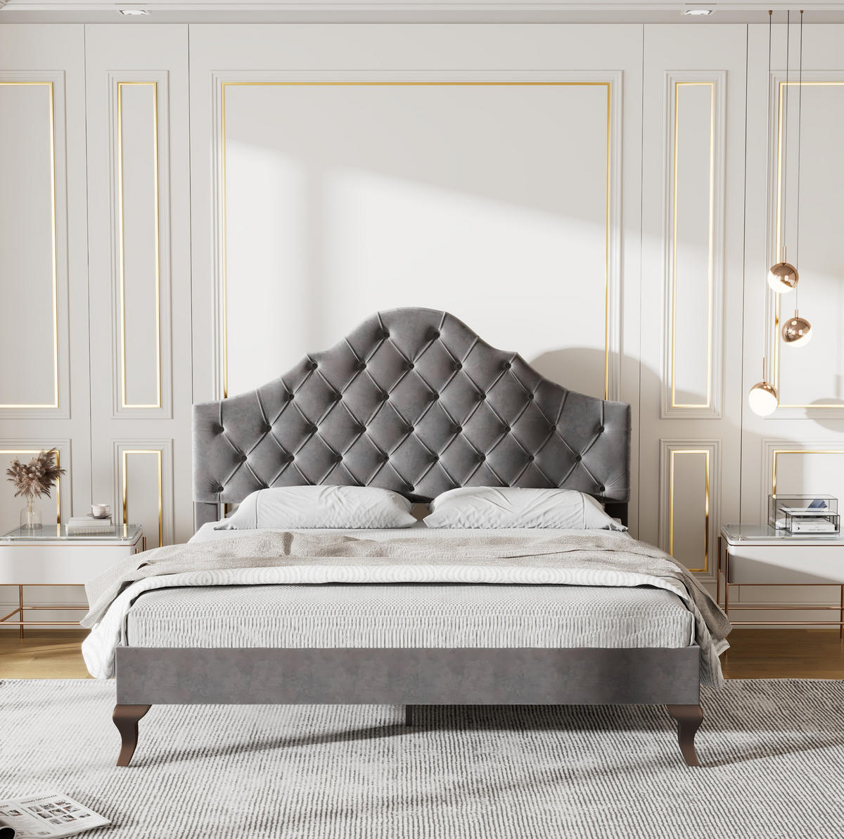 POLSTERBETT 140/200 cm mit Lattenrost und gepolstertem Kopfteil aus Samt, Grau - Grau, Textil (140/200cm) - Redom
