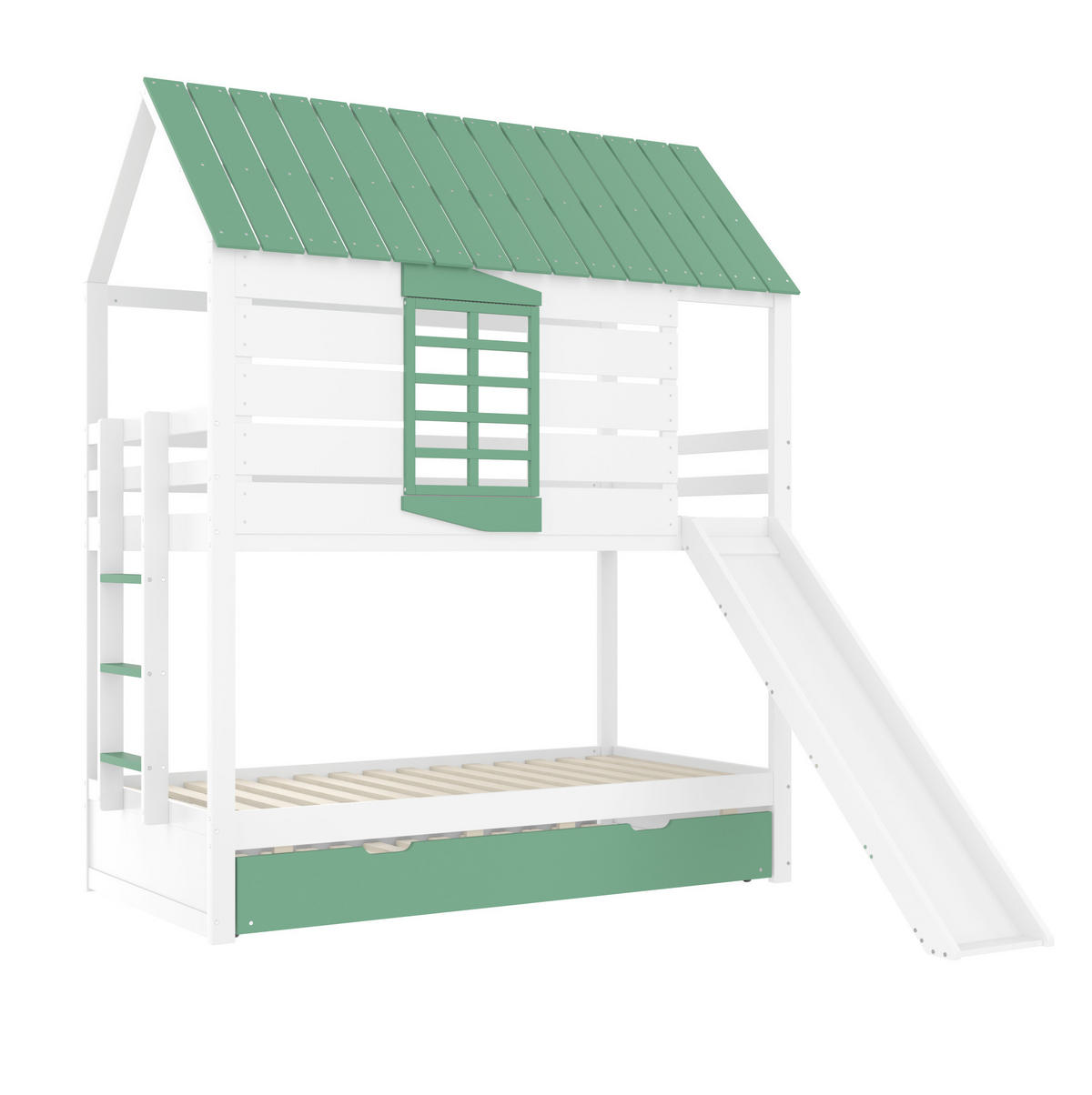 ETAGENBETT aus Kiefer und MDF 90x200 cm Weiß/Grün mit Rutsche, Ausziehbett und Hausdach - Weiß, Holzwerkstoff (90/200cm) - Modfu