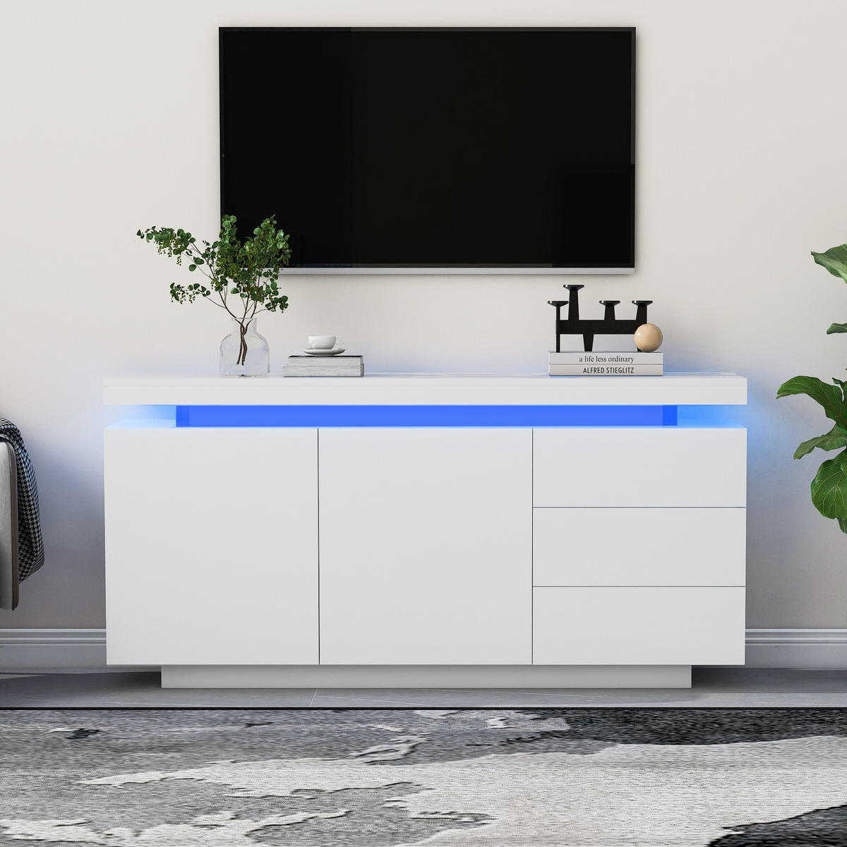 SIDEBOARD LED Weiß Hochglanz 2 Türen 3 Schubladen 140x35x72.5cm - Weiß, Holzwerkstoff (38/72/140cm) - FLIEKS