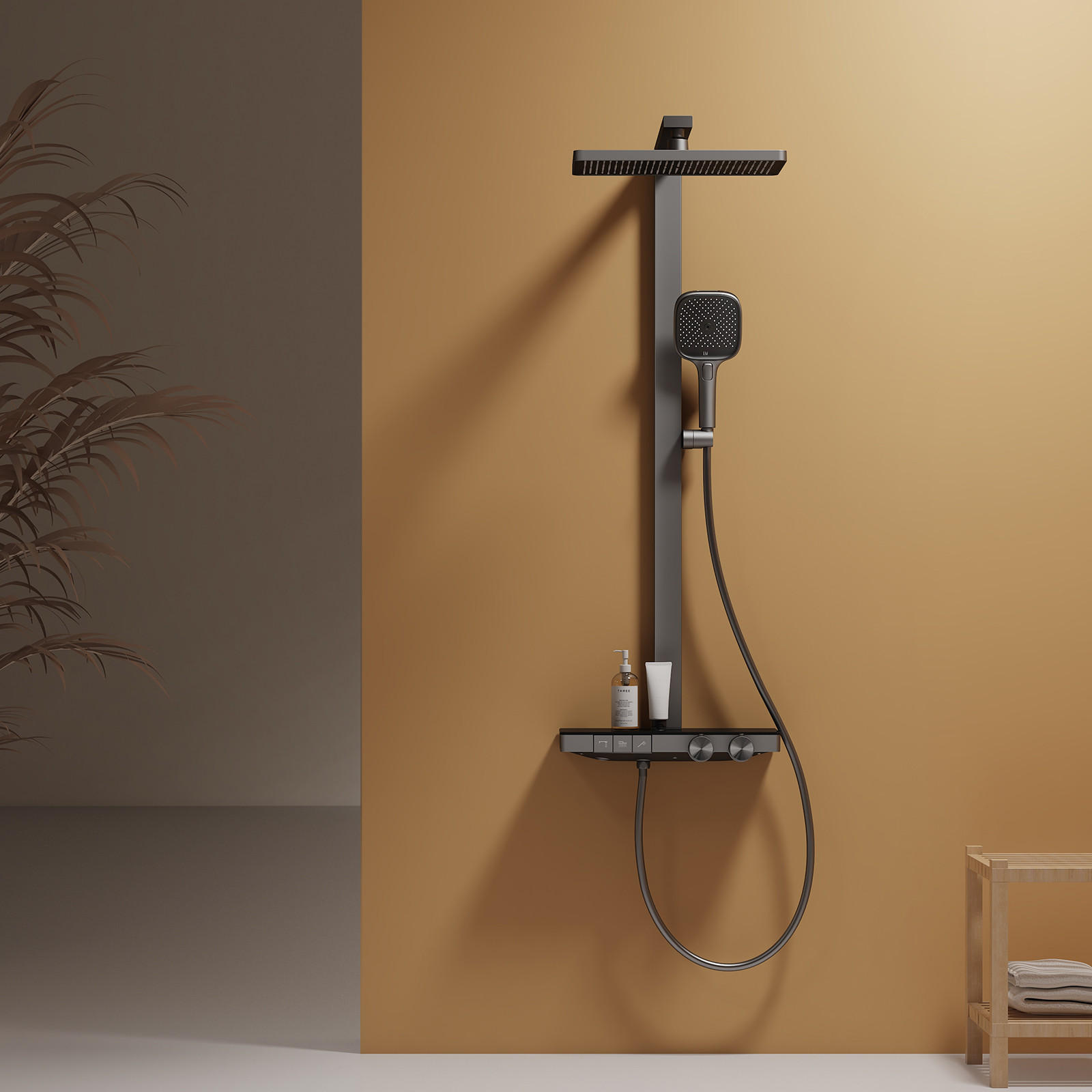 ÜBERKOPFBRAUSESET mit Thermostat Einstellbarer Durchfluss 4-Strahl Anthrazit Matt - Anthrazit, Metall (40.2/105/57.3cm) - EMKE