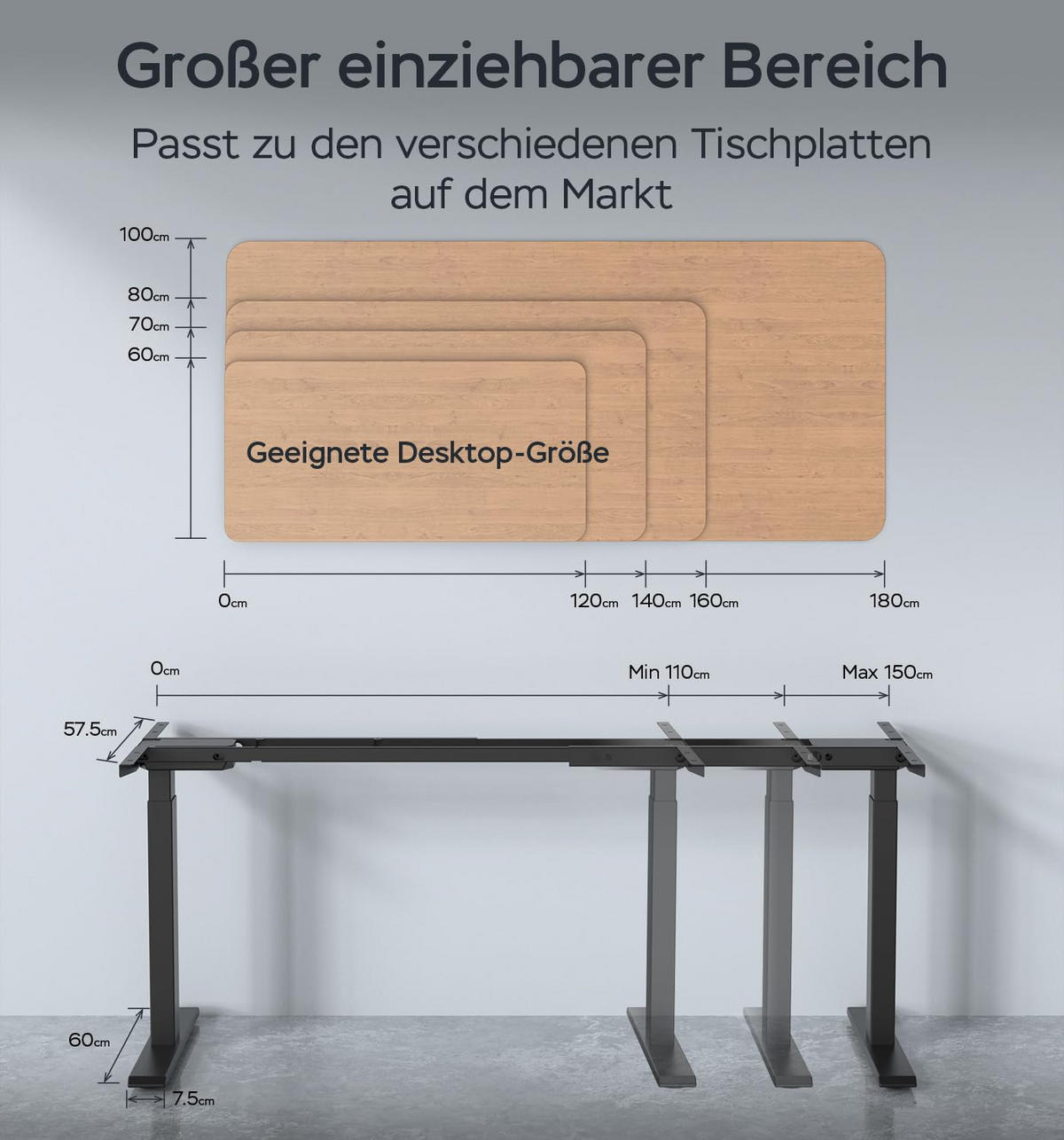 TISCHGESTELL Höhenverstellbares 72/120 cm Schwarz aus Stahl mit 2 Motoren - Schwarz, Metall (150/60/100cm) - OKWISH