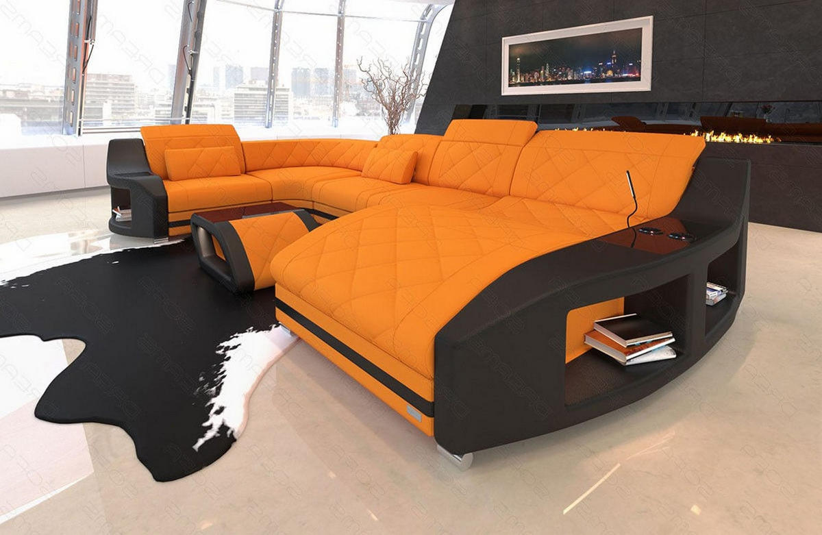 WOHNLANDSCHAFT Stoff Sofa Swing U Form Apricot Schwarz Mikrofaserstoff - Orange, Kunststoff (404/90/220cm)