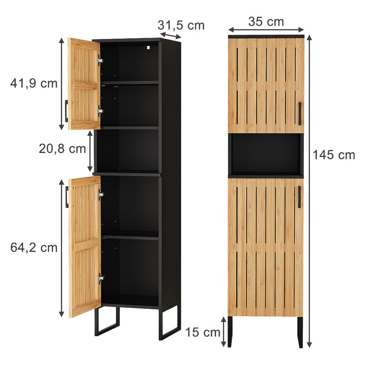 BADSCHRANK Vayra Bambus 35 x 145 cm - Schwarz/Grün, Holzwerkstoff (35/145/31.5cm) - Vicco