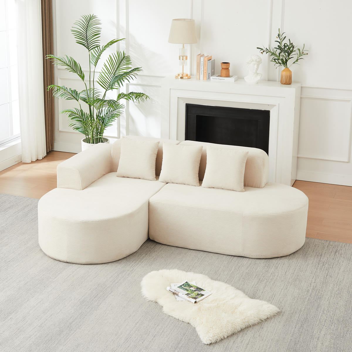 ECKSOFA 220/155/70 cm Beige Cord mit 3 Kissen, Linke Seite - Beige, Textil (220/155cm) - Oxeza