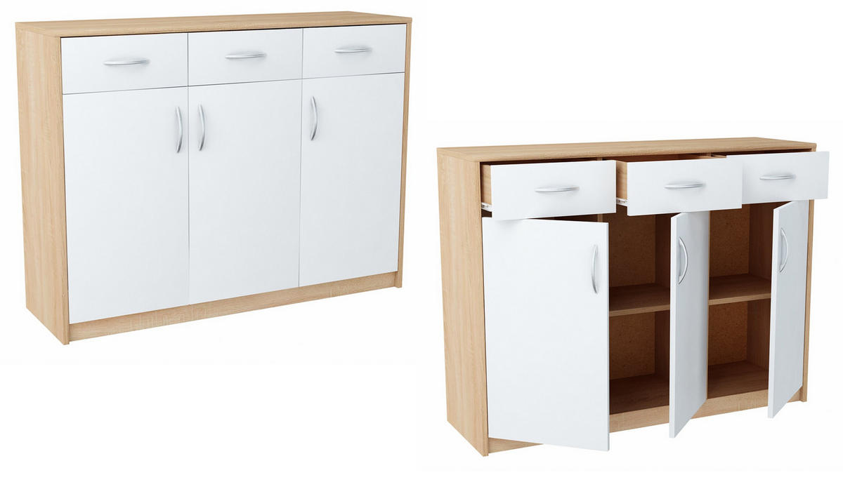 KOMMODE 3D3S Sonoma Eiche-Weiß 110/35/85 cm Sideboard - Weiß/Sonoma Eiche, Holzwerkstoff (110/85/35cm) - Matkam Möbel