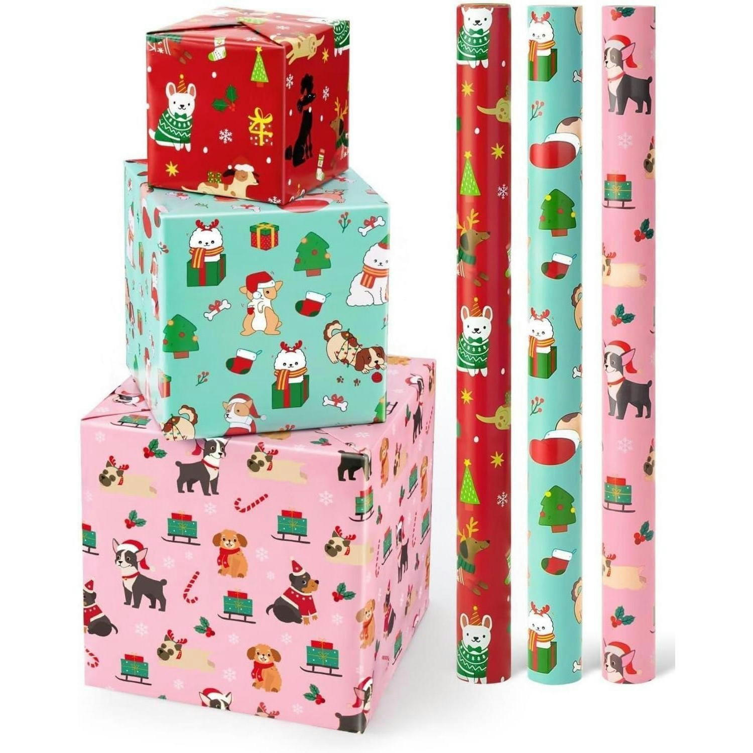 GESCHENKPAPIER 3 Rollen Set Weihnachtshunde 43 cm x 3 m - Multicolor, Papier (43/1/305cm)