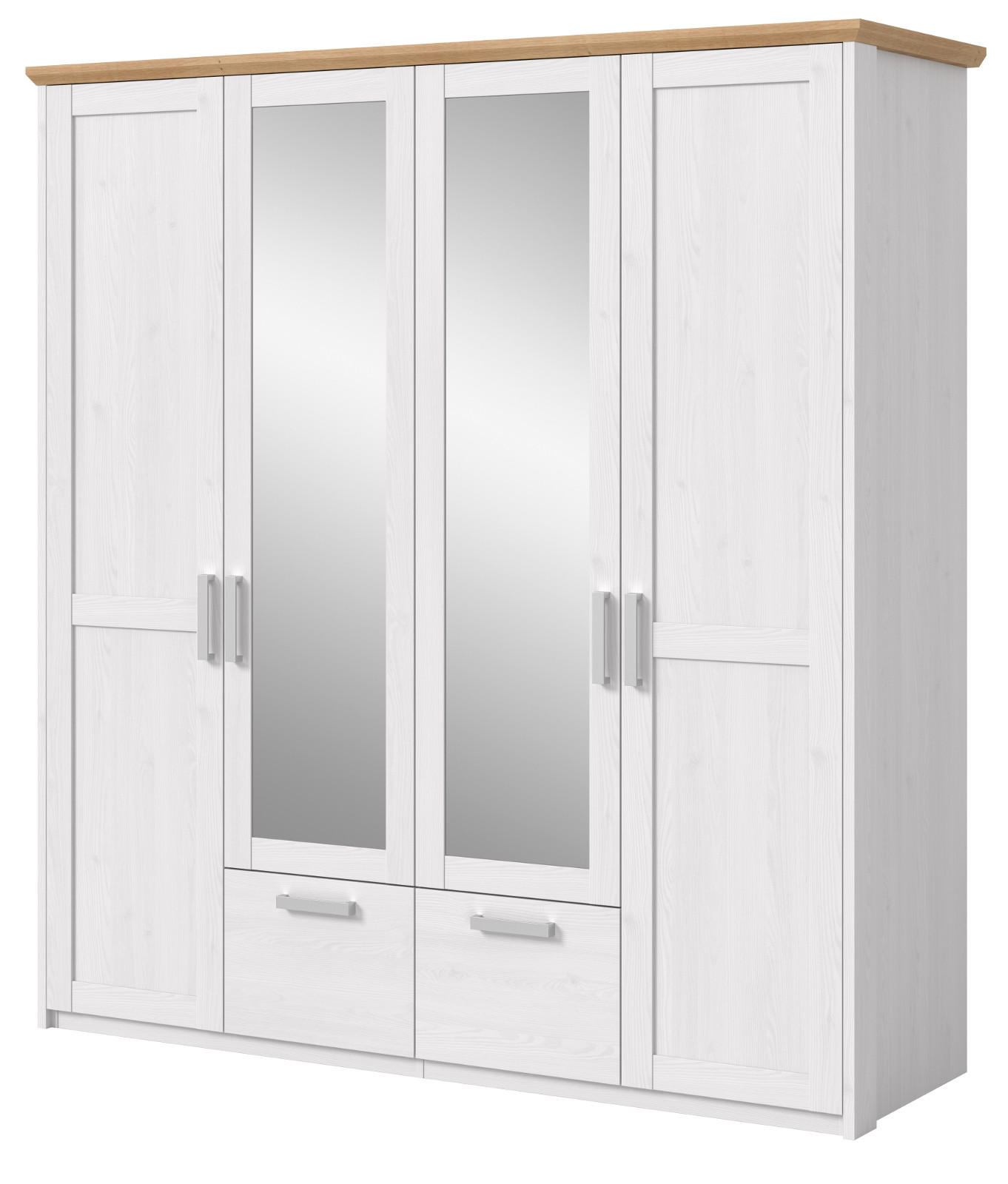 KLEIDERSCHRANK weiß Lärche, Eiche Artisan Landhaus, Drehtürenschrank 4-türig mit Spiegel - Eichefarben/Silberfarben, Glas/Holzwerkstoff (188/200/61cm) - Inn.Furn