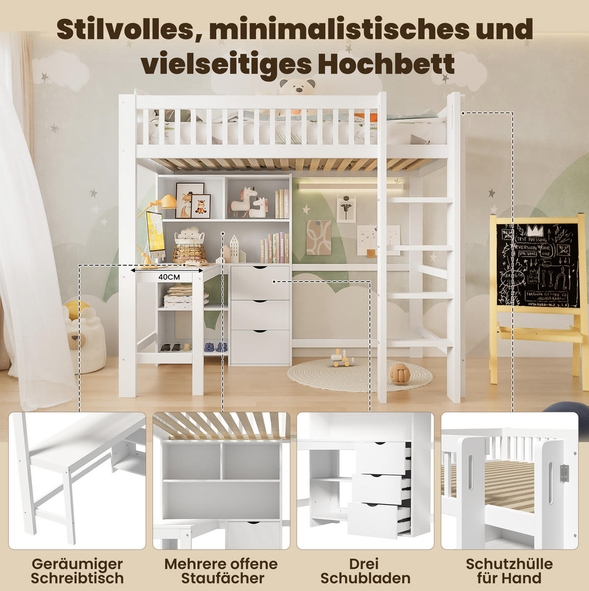HOCHBETT 90/200 cm mit Schreibtisch, 3 Schubladen, Ablagefächern und Leiter aus Kiefernholz und MDF, Weiß - Weiß, Holz (90/200cm) - Redom