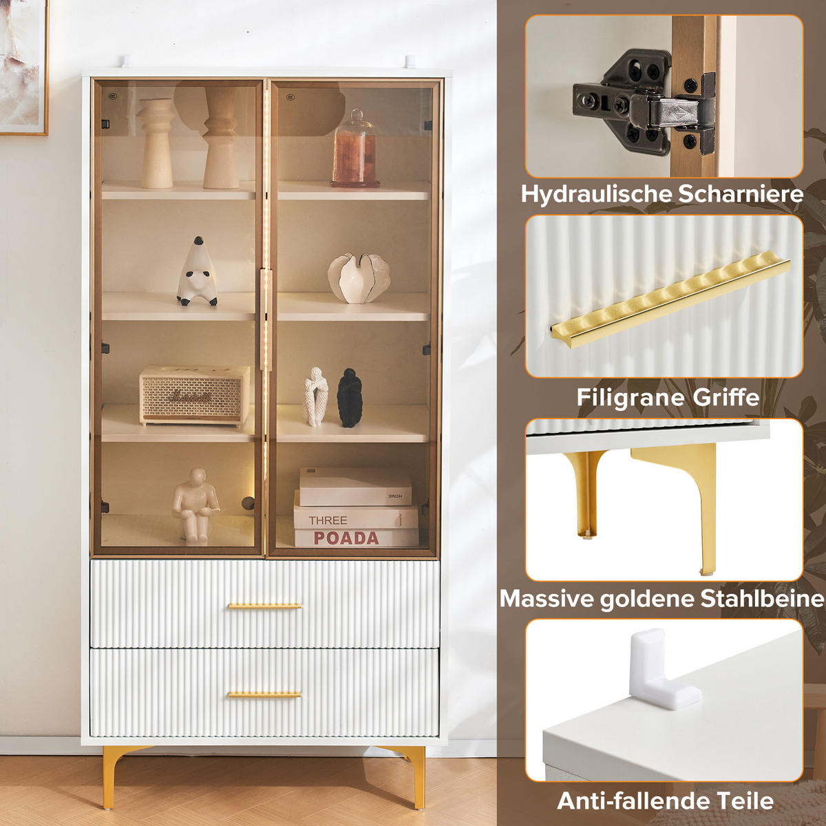 VITRINE, 2 Türen, LED-Licht, Goldbeine, Glas, 70x35x150cm - Weiß, Holzwerkstoff (35/150/70cm) - FLIEKS