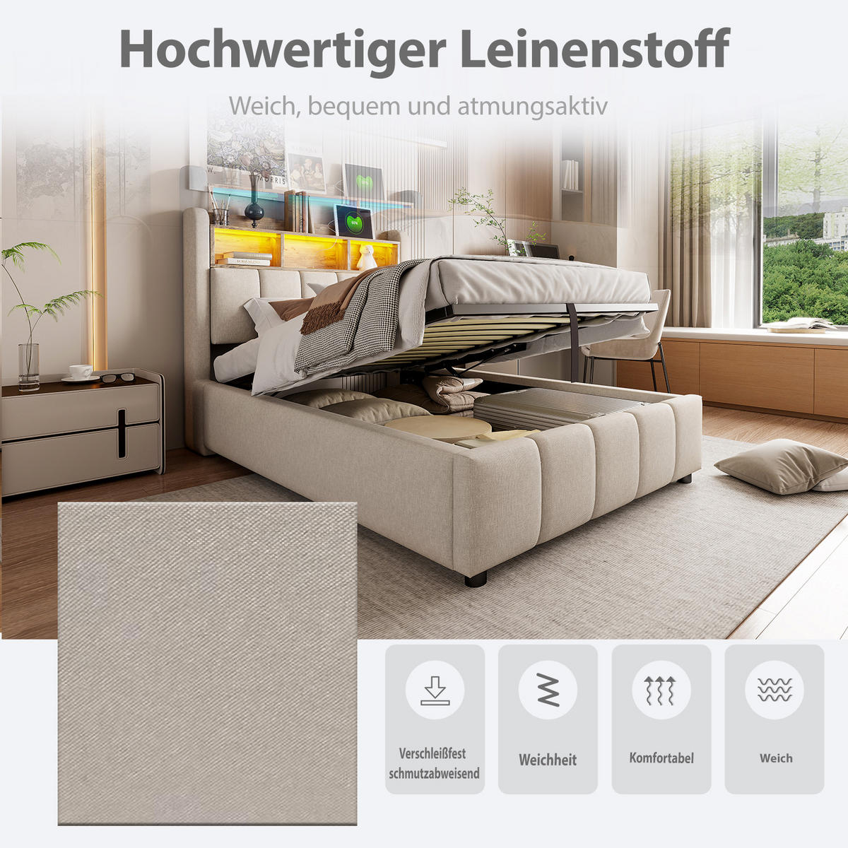 POLSTERBETT 90x200 cm LED USB Stauraum beige - Beige, Textil (90/200cm) - LEBENLANG