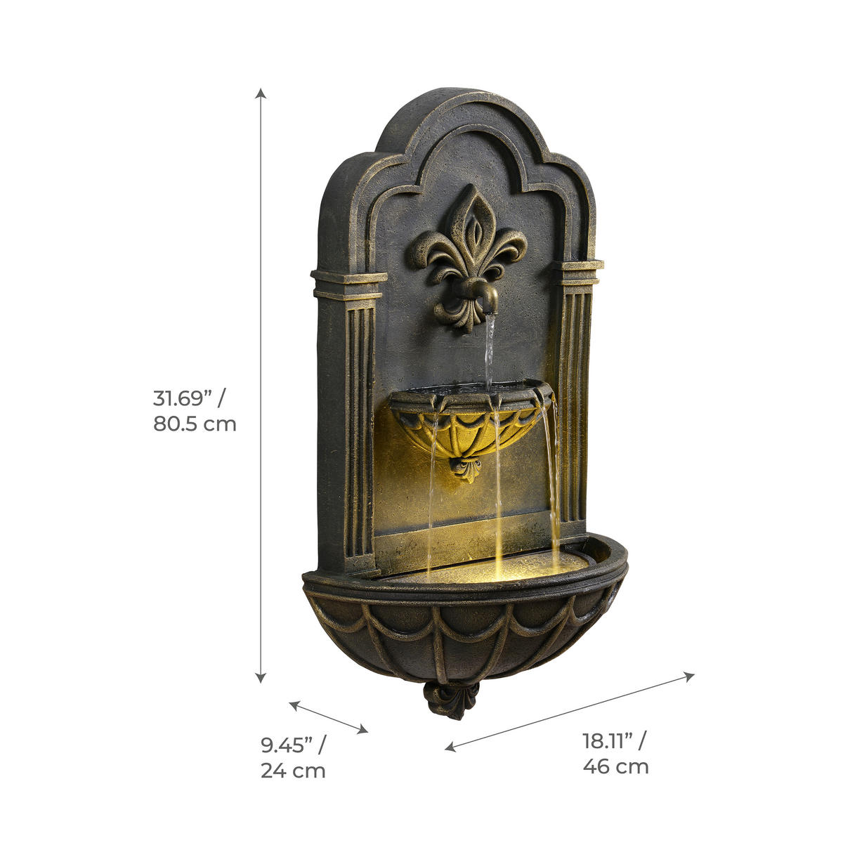 WANDBRUNNEN Fleur-de-Lis Outdoor, LED, 80cm, Schwarz - Schwarz, Stein (46/24/81cm) - Teamson Home