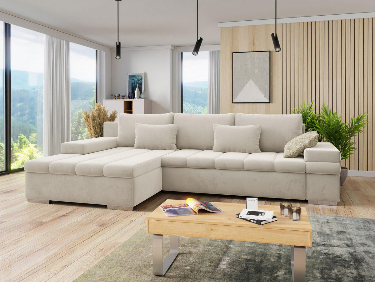 ECKSOFA Bangkok Premium, Seite: Links - Sandfarben/Silberfarben, Holz/Textil (310/175cm) - MIRJAN24