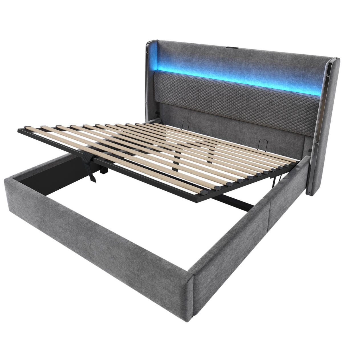POLSTERBETT 160/200 cm mit Bettkasten, LED-Beleuchtung und USB/Type-C in Grau - Grau, Textil (160/200cm) - BEAOK
