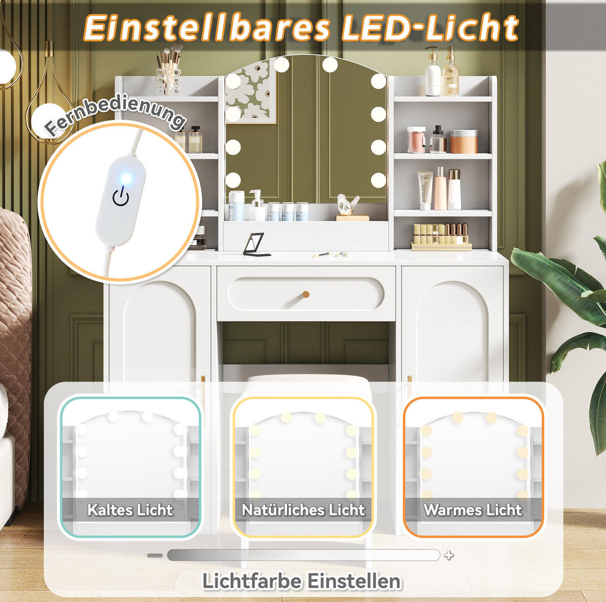 SCHMINKTISCH aus MDF und Spanplatte 110x40x132 cm Weiß mit LED-Spiegel, Hocker, 2 Schränken und Schublade - Weiß, Holzwerkstoff (110/132/40cm) - Modfu