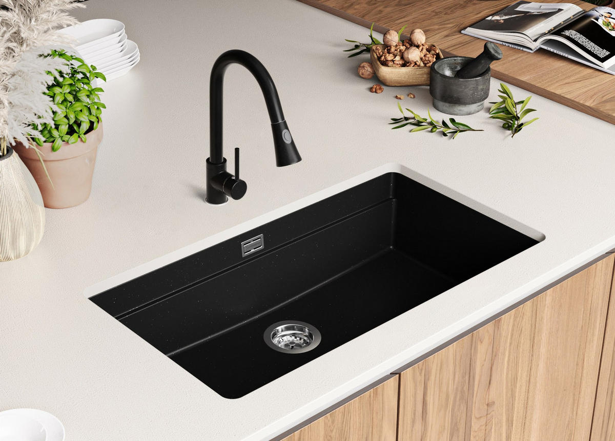 UNTERBAUSPÜLE GRANIT Prag, 3-er set Schwarz Metallic 86/47 cm, 1 Becken + Ablauf-Set + Aufrollbare Abtropffläche ab 90er Unterschrank - Chromfarben/Schwarz Hochglanz, Kunststoff (86/20/47cm) - Primagran