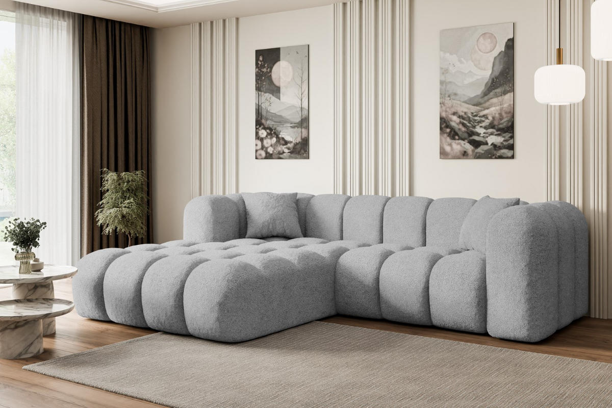 ECKSOFA Ottomane Links OLEA-L1 - 231x173x74 cm Hellgrau Bouclé - Hellgrau/Schwarz, Holzwerkstoff/Kunststoff (190/242cm) - ALTDECOR