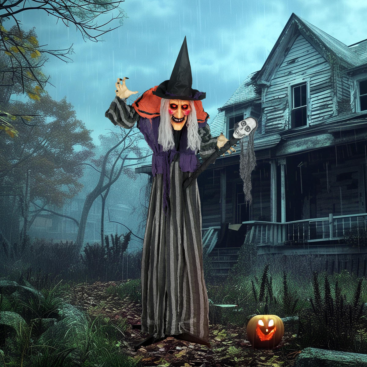 HALLOWEEN-DEKORATION Hexe 160 cm mit LED-Lichter Soundfunktion - Orange, Textil (20/160/70cm) - Outsunny
