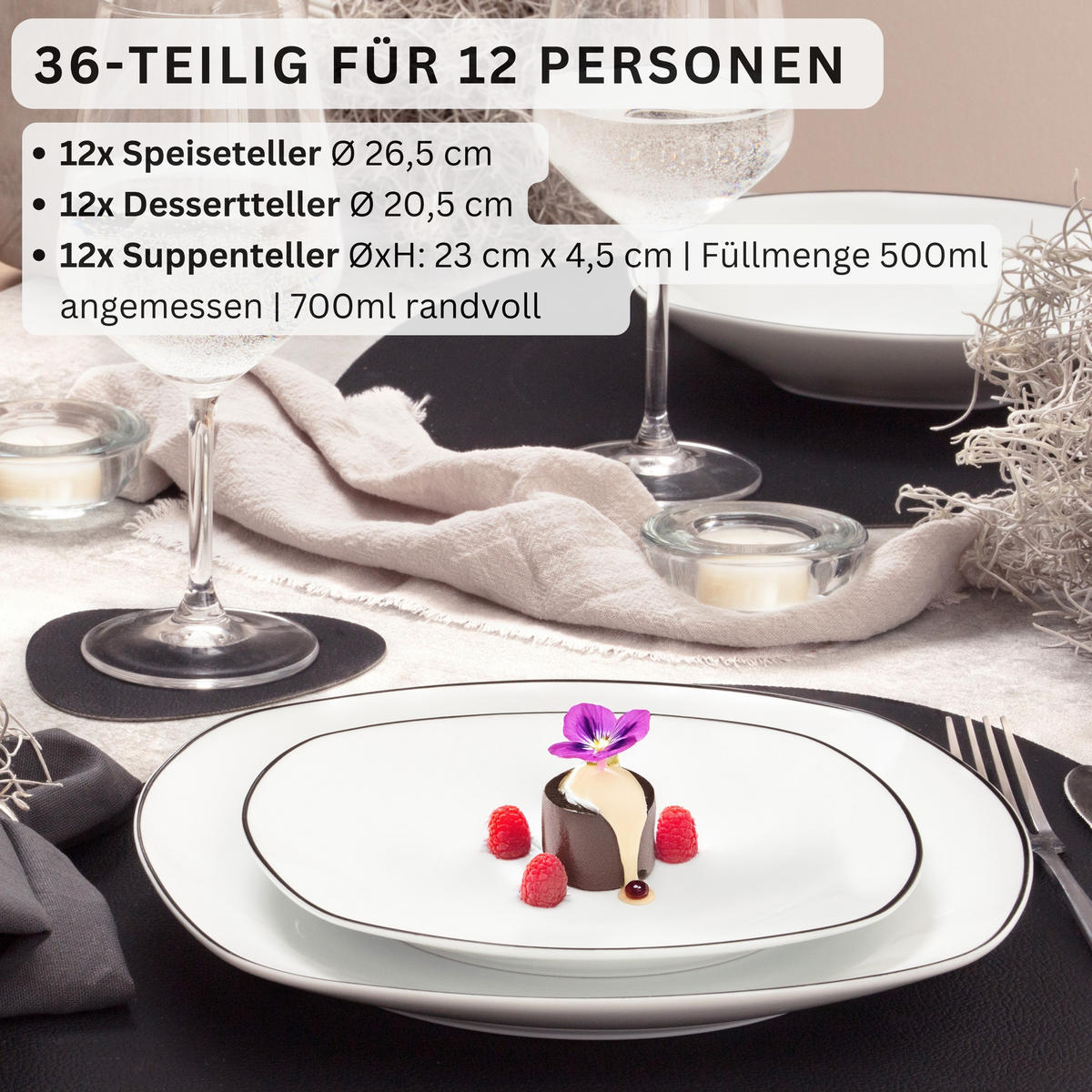 SÄNGER Porzellan Tafelservice Bilgola Black Rim 36 teilig für 12 Personen - Weiß, Keramik (25/2.5/25cm) - Sänger