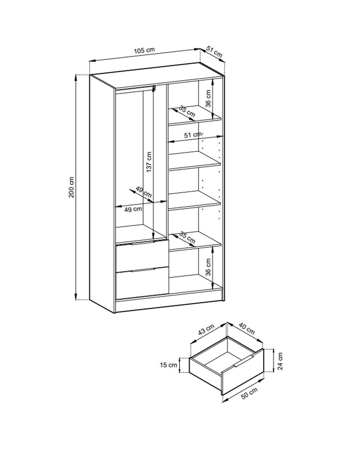 KLEIDERSCHRANK Nelly Graphit, Artisan Eiche Lamellen, Schrank Zweitürige, Garderobe mit Spiegel - Graphitfarben, Holzwerkstoff (105/200/51cm) - Bettso