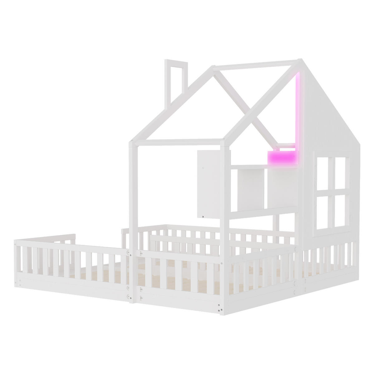 HAUSBETT 90/200 cm weiß aus Massivholz mit LED und Stauraum - Weiß, Holz (90/200cm) - OKWISH