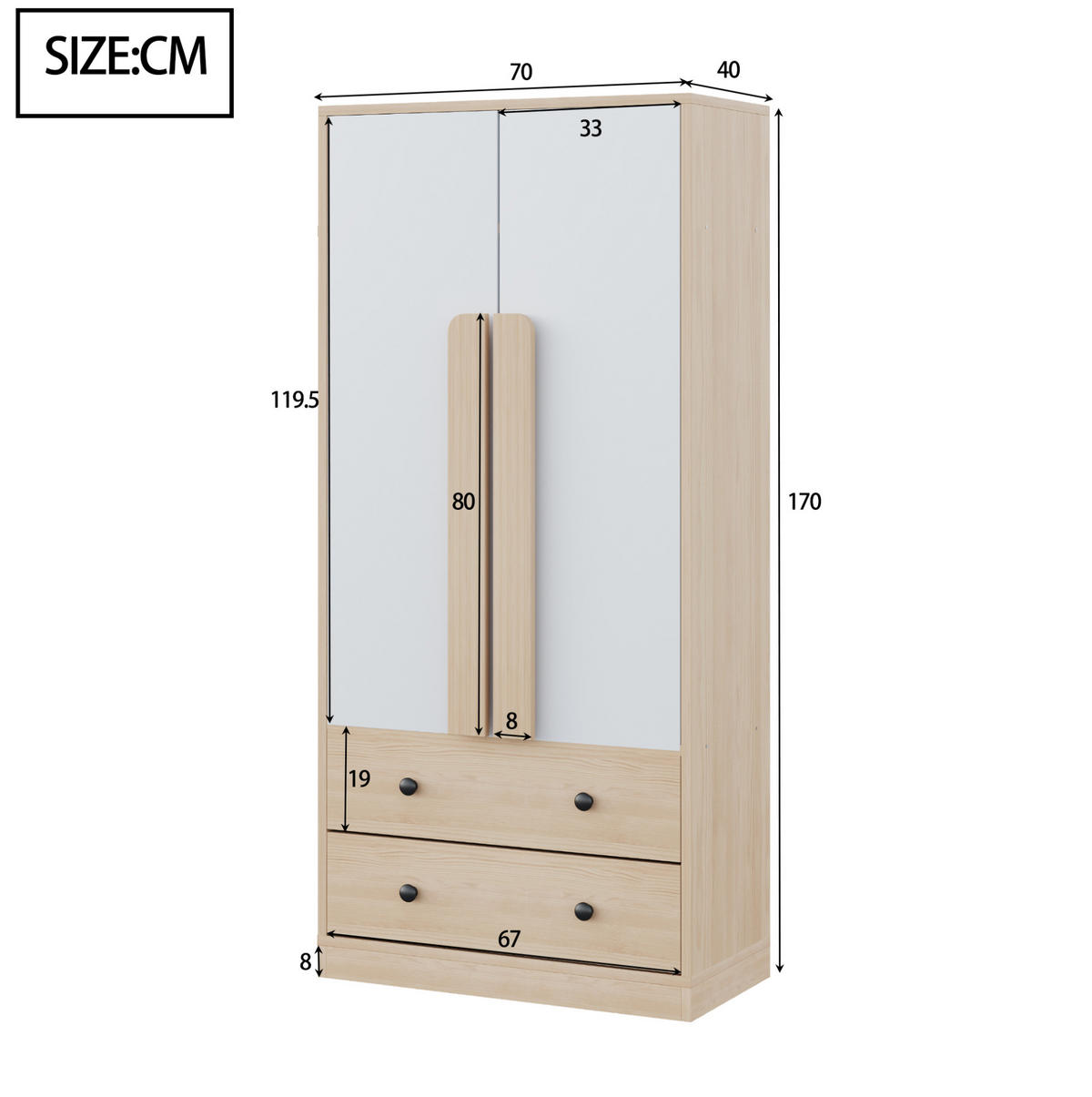 KLEIDERSCHRANK 70/170/40 cm Weiß/Holzfarbe aus Holz mit 2 Schubladen - Naturfarben, Holzwerkstoff (40/170/70cm) - OKMYHOME