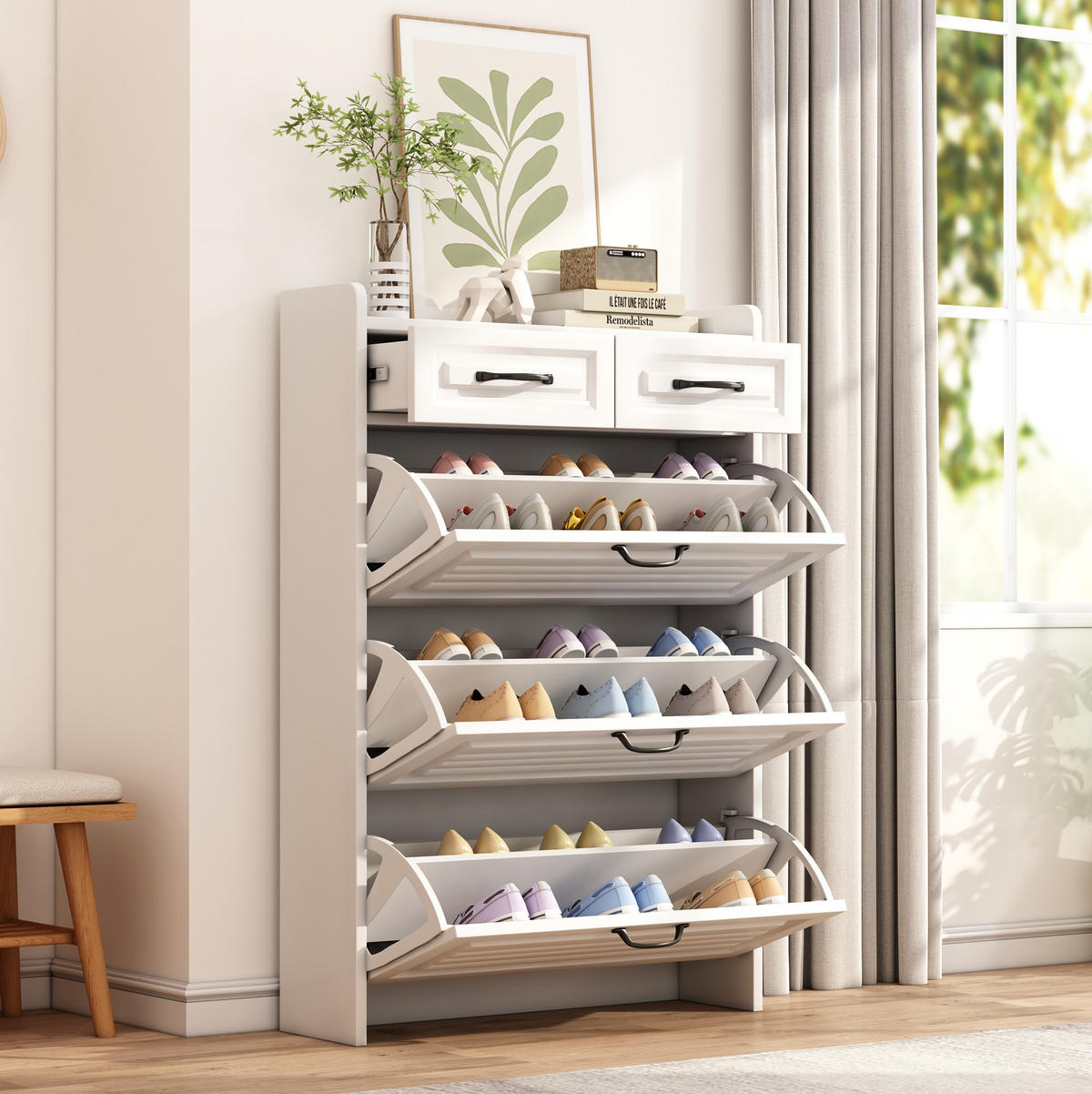 SCHUHSCHRANK 23,5/80/131 cm weiß aus Spanplatte mit 3 Klappen - Weiß, Holzwerkstoff (80/131/23.5cm) - OKWISH