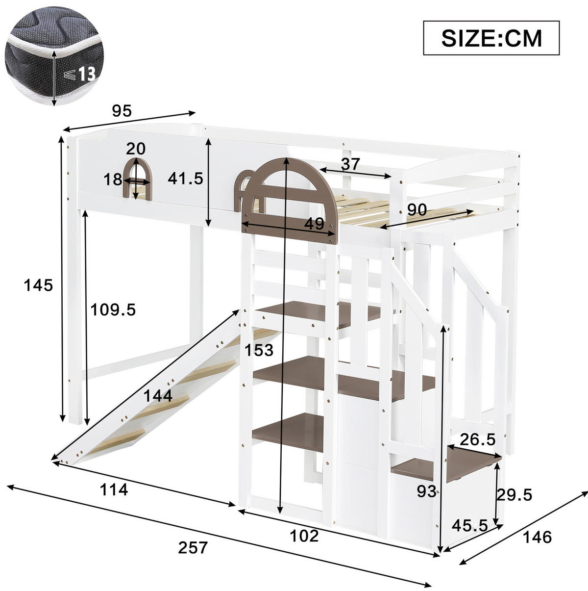 ETAGENBETT 90/200 cm mit Rutsche und Stauraumtreppe in Weiß - Weiß, Holzwerkstoff (90/200cm) - BEAOK