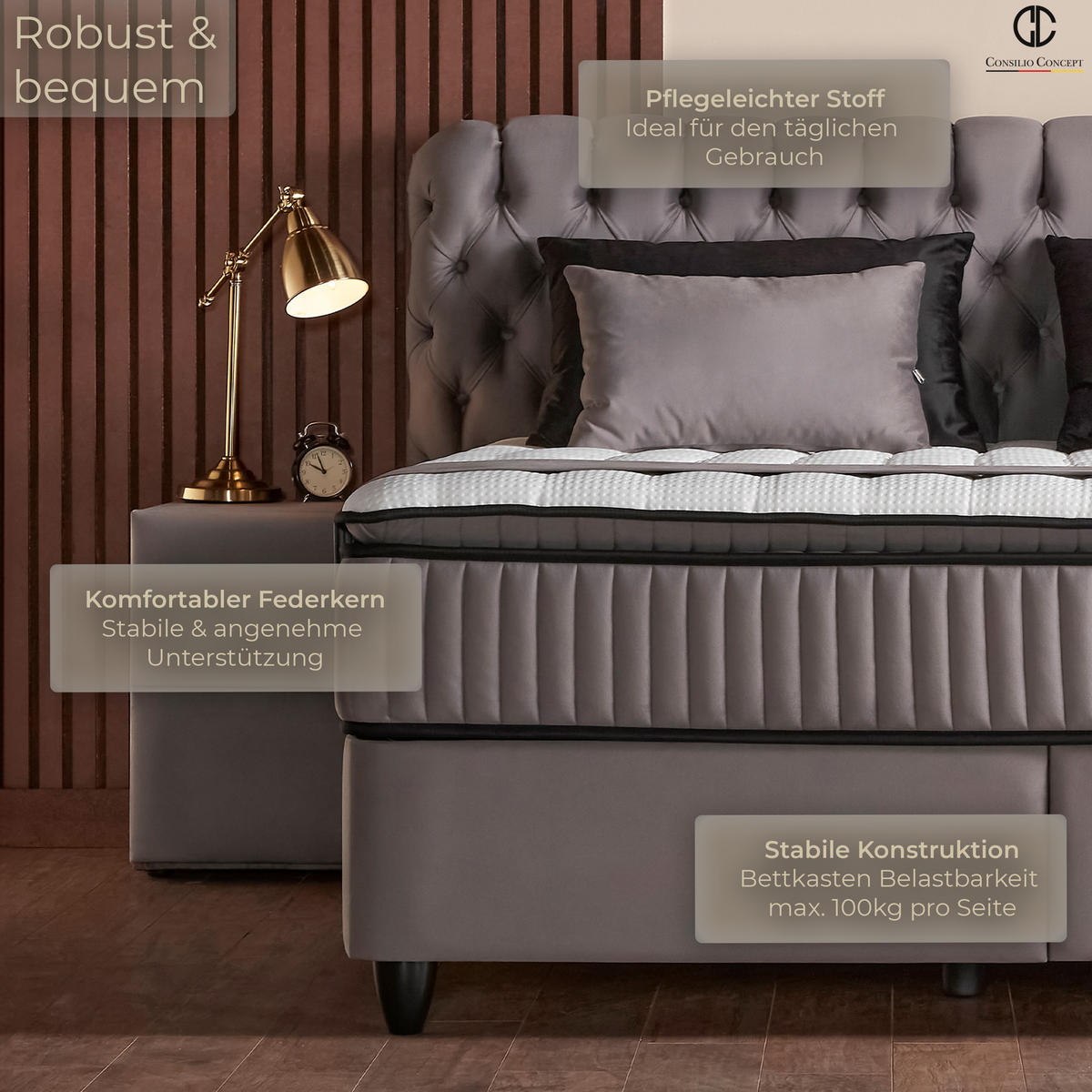 BOXSPRINGBETT MIT BETTKASTEN SIENA 140/200 cm, Grau, Bettkasten, Matratze, Topper integriert, H3 mittel, 7-Zonen Matratze - Schwarz/Grau, Holz/Kunststoff (140/200cm) - Consilio Concept
