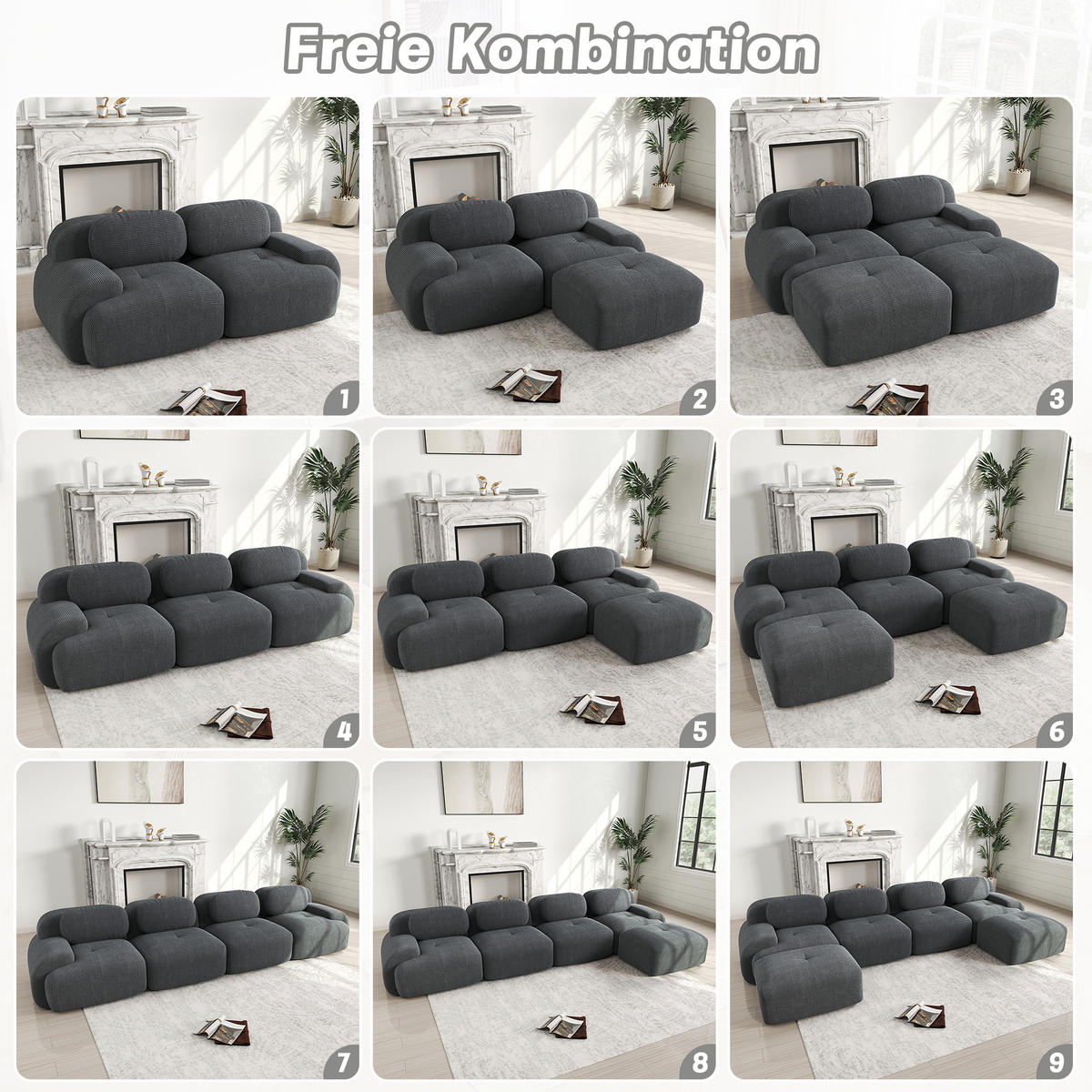 3-SITZER Sofa 298×103×75 cm Cordstoff rahmenlos modular, grau - Grau, Textil (103/75/298cm)