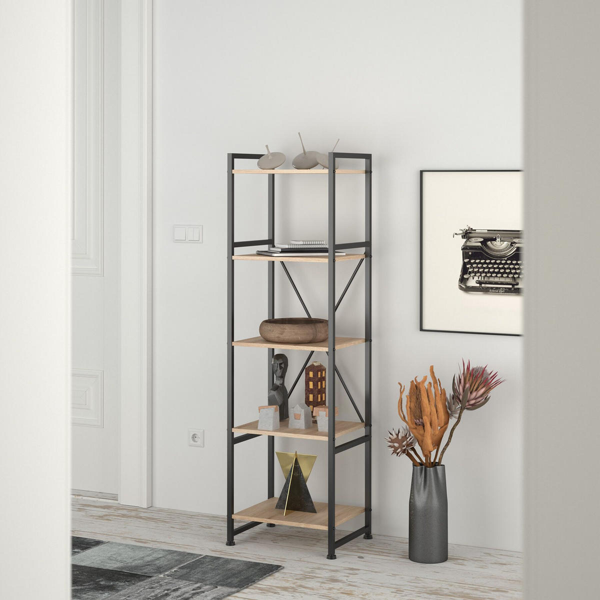 REGAL Manchester,inklusive Kippschutz, 47,5 x 34,5 x 151,5 cm,Industrial Holz hell, Eiche Sonoma - Naturfarben, Holz (34.5/151.5/47.5cm) - tectake