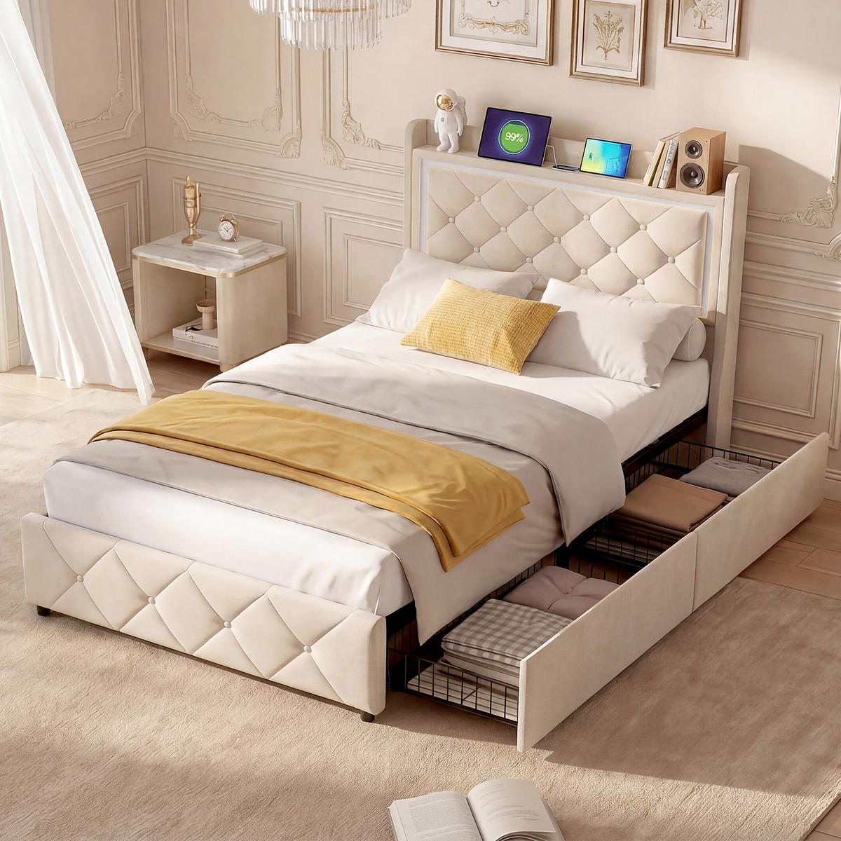 POLSTERBETT 90x200 cm, Samt beige, 2 Schubladen, Stauraum, LED, USB/USB-C, modern - Beige, Metall (90/200cm) - EuroLiving