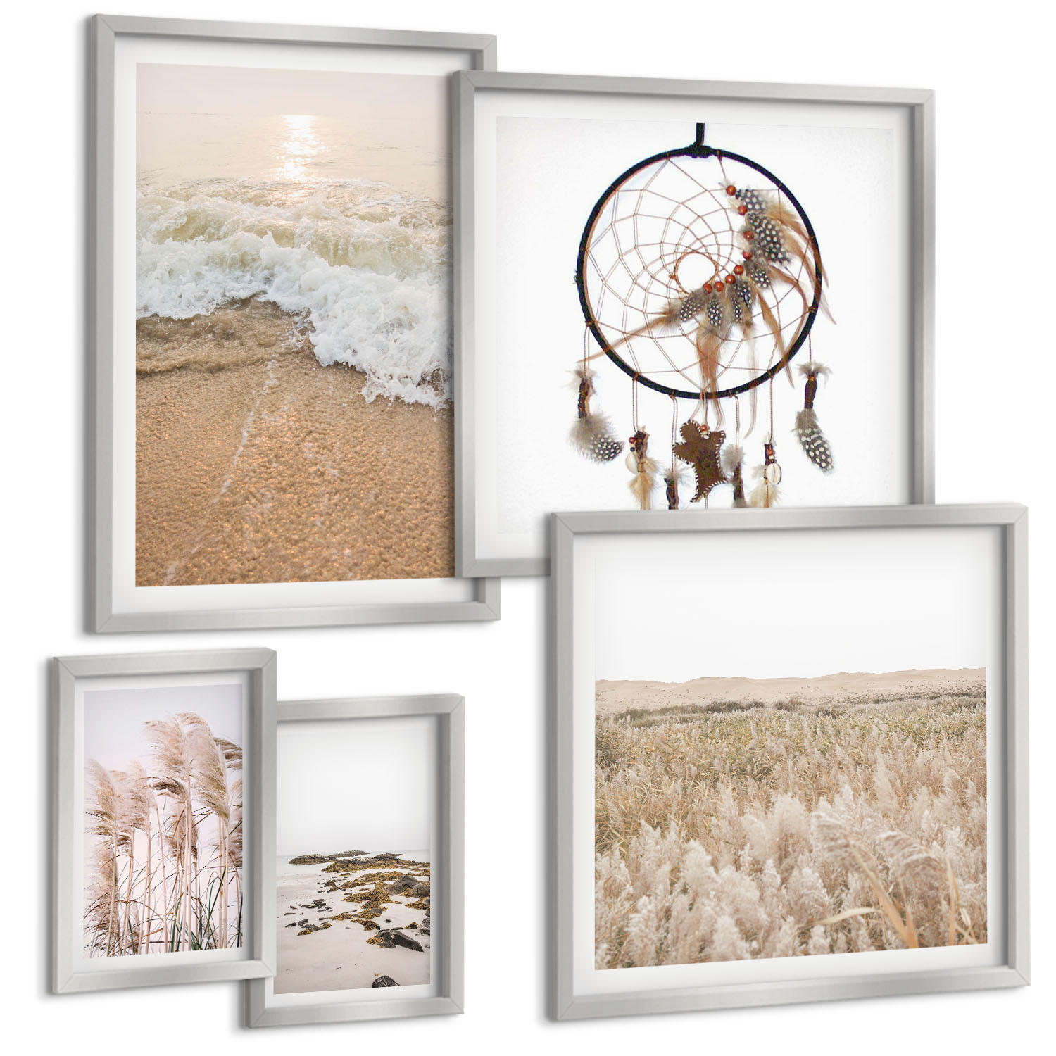 BILDER SET 5er Set - 50x50 cm & 20x30 cm & 40x60 cm Silberner Rahmen - Strandgras, Wellen, Steine, Boho-Stil - Silberfarben, Kunststoff (40/60cm) - TULUP