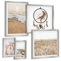 BILDER SET 5er Set - 50x50 cm & 20x30 cm & 40x60 cm Silberner Rahmen - Strandgras, Wellen, Steine, Boho-Stil - Silberfarben, Kunststoff (40/60cm) - TULUP