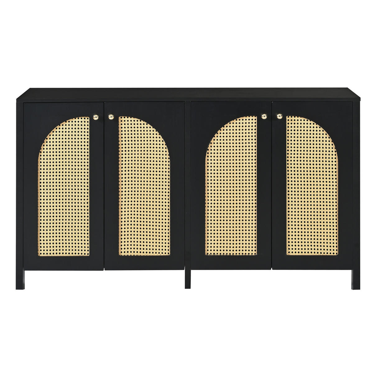SIDEBOARD mit 4 Türen in Schwarz – mit Rattan-Optik & viel Stauraum - Schwarz, Holzwerkstoff (145/40/80cm) - BEAOK