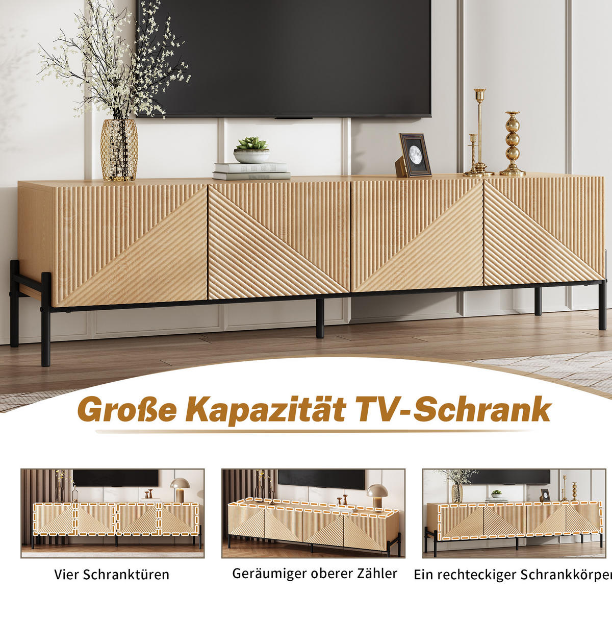 LOWBOARD 163,5/40/45 cm aus MDF mit 4 Türen und Drucköffnung Natur - Hellbraun, Holzwerkstoff (163.5/45/40cm) - Modenvie