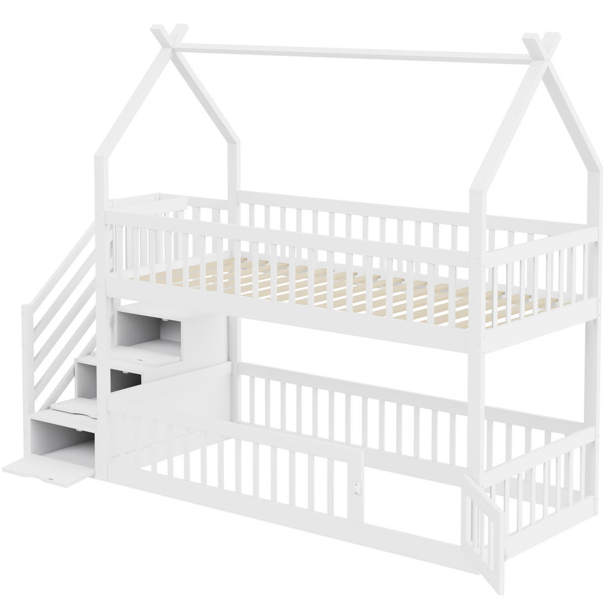 ETAGENBETT 90/200 cm weiß aus Kiefernholz mit Dach und Treppe - Weiß, Holzwerkstoff (90/200cm) - OKWISH
