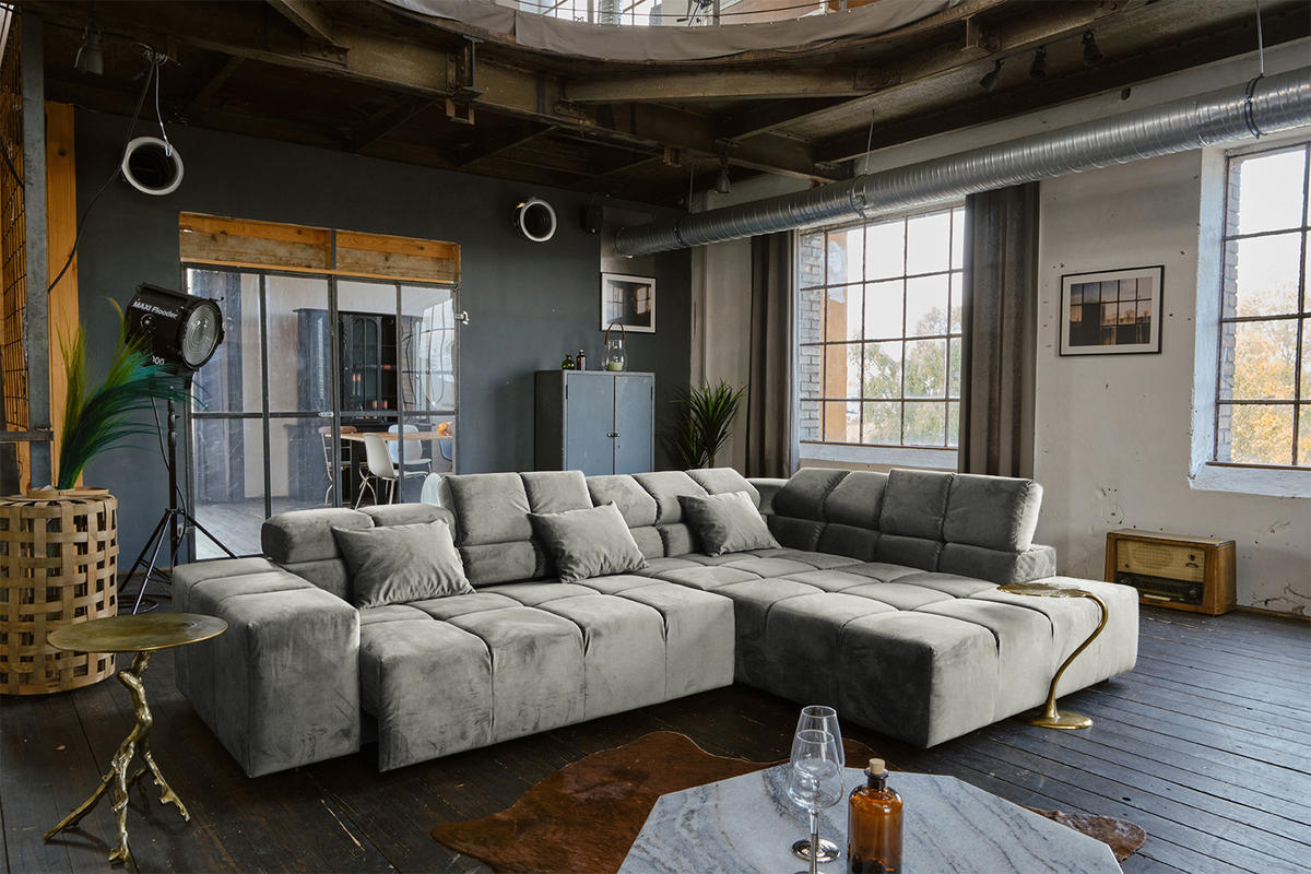 ECKSOFA MIT MOTORISCHEM SITZVORZUG NEVADA Silber Velvet - Silberfarben/Schwarz, Textil (319/215cm) - KAWOLA