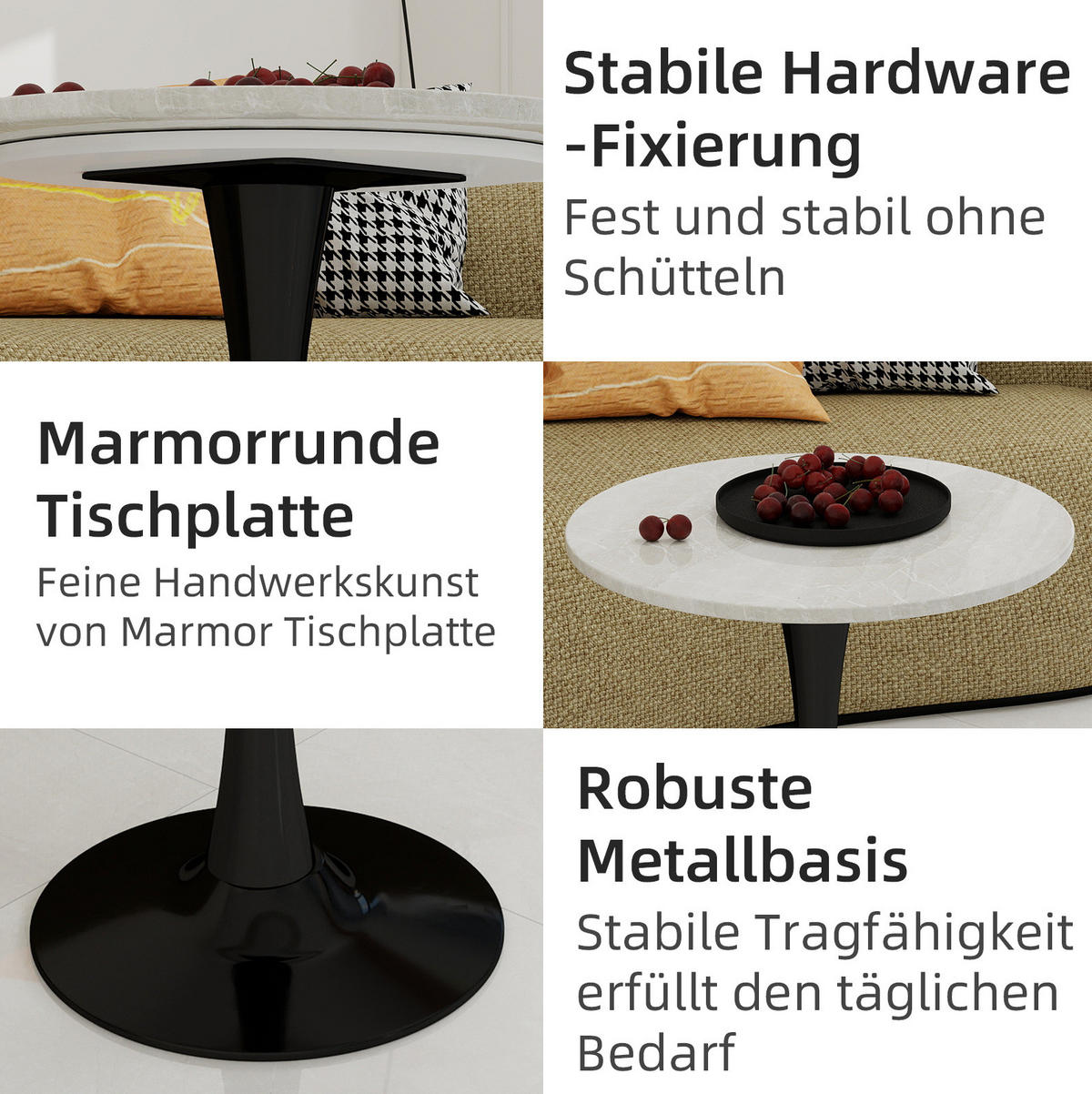 KONFERENČNÍ stolek z umělého mramoru, průměr 70 cm, černo-bílý - černá, kámen (70/70/72cm) - BEAOK